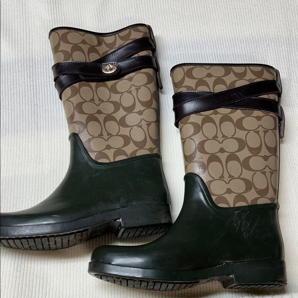Coach Rain Boots Trisha Logo Green Tan Tall Riding Size 7.5